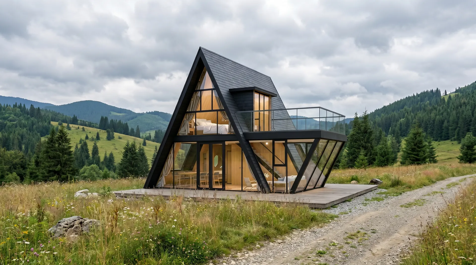Dom A-frame MoVilla ForestHouse w górskim krajobrazie o zmierzchu